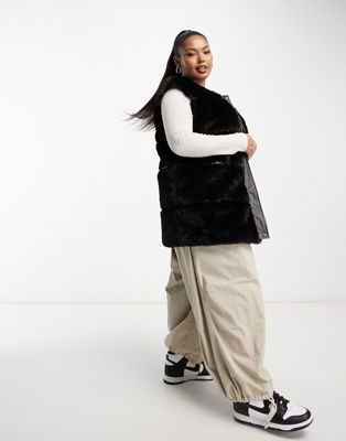 Urban Code Plus faux fur longline vest with faux leather panels in black - Click1Get2 Promotions