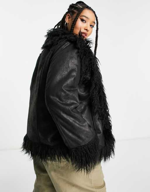 Urban Code Plus faux shaggy fur jacket in black, 3 of 4