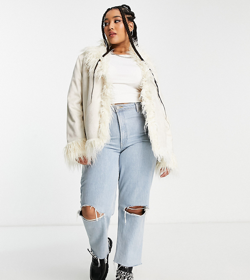 Urban Code Plus faux shaggy fur jacket in cream-White