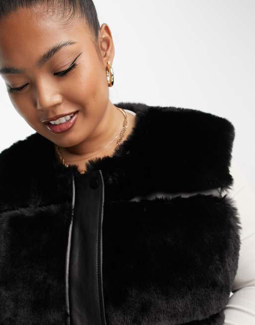 Urban Code Plus Gilet taglio lungo in pelliccia sintetica con pannelli in pelle sintetica nero