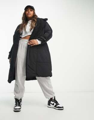 Urbancode Curve Urban Code Plus Longline Double Breasted Puffer Coat In Black With Contrast Cream Teddy Trim