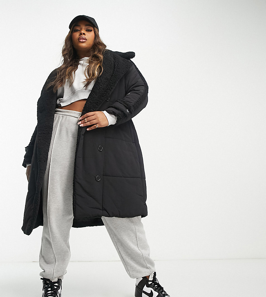 Urbancode Curve Urban Code Plus Longline Double Breasted Puffer Coat In Black With Contrast Cream Teddy Trim