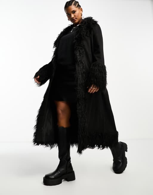 Urban Code Plus longline faux shaggy fur jacket in black | ASOS