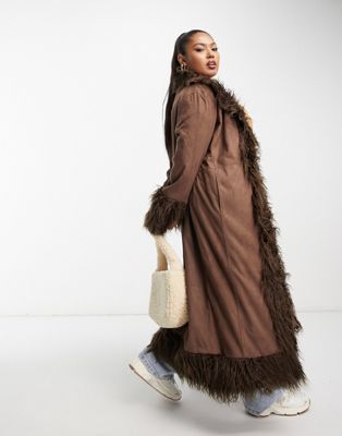 Urban Code Plus longline faux shaggy fur jacket in chocolate brown - Click1Get2 Price Drop