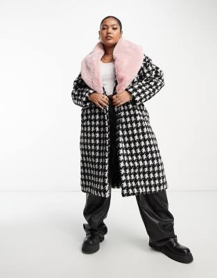 Urban Code Plus longline houndstooth overcoat with pink faux fur collar-Black