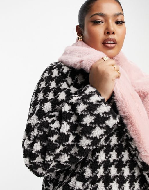 Urban Code Plus longline houndstooth overcoat with pink faux fur collar