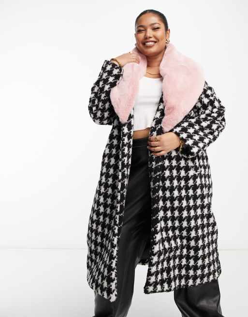 Urban Code Plus longline houndstooth overcoat with pink faux fur