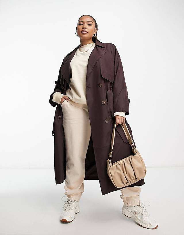 Urbancode Curve - Urban Code Plus longline oversized trench coat in chocolate brown