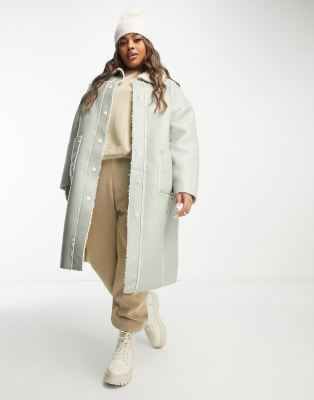 Urbancode Curve Urban Code Plus Longline Pu Aviator Coat In Sage Green With Contrast Cream Borg Trims