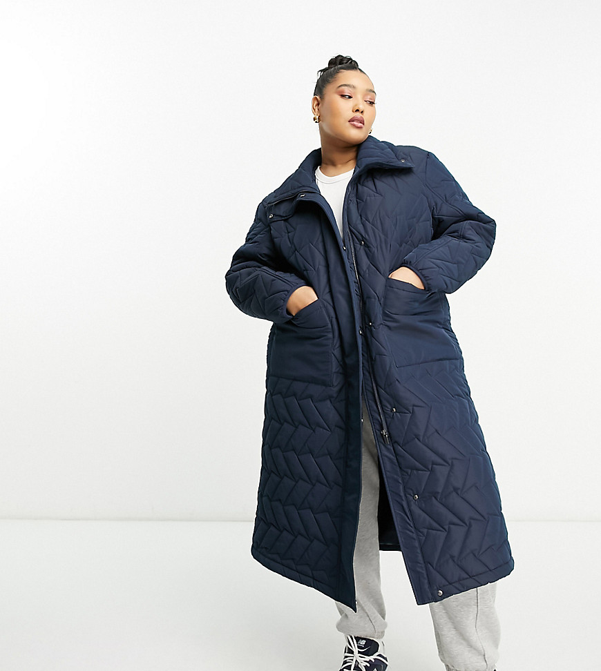 Urban Code Plus longline puffer coat with zigzag quilt in navy