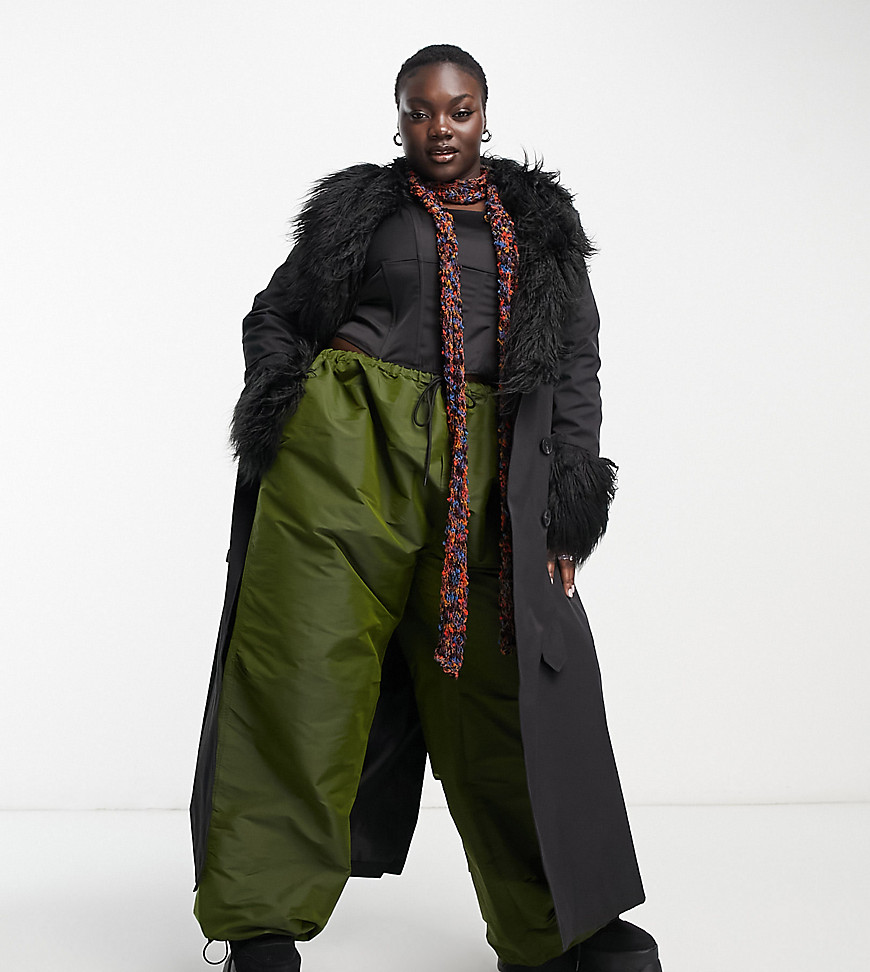Urban Code Plus longline trench coat with faux shaggy fur collar in black
