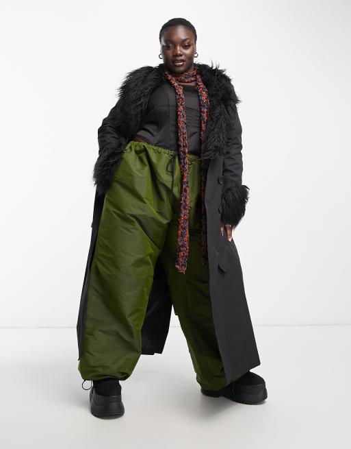 Urban Code Plus longline trench coat with faux shaggy fur collar in black