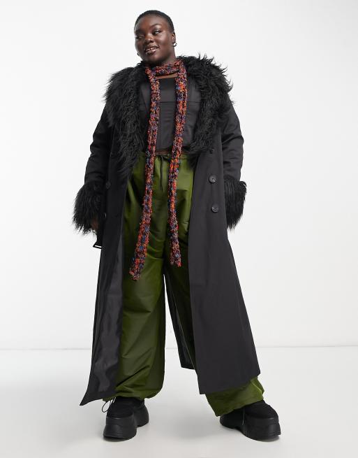 Mens black trench 2025 coat with fur collar