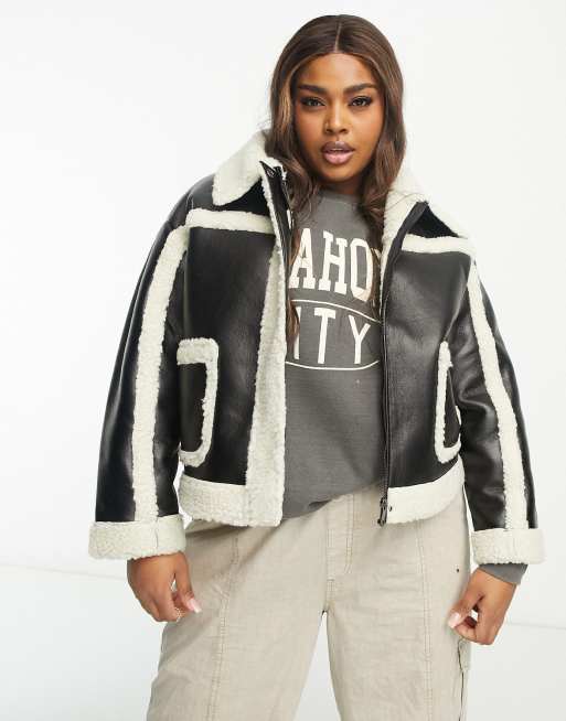 Urban Code Plus pu avaitor jacket in black with contrast cream borg ...