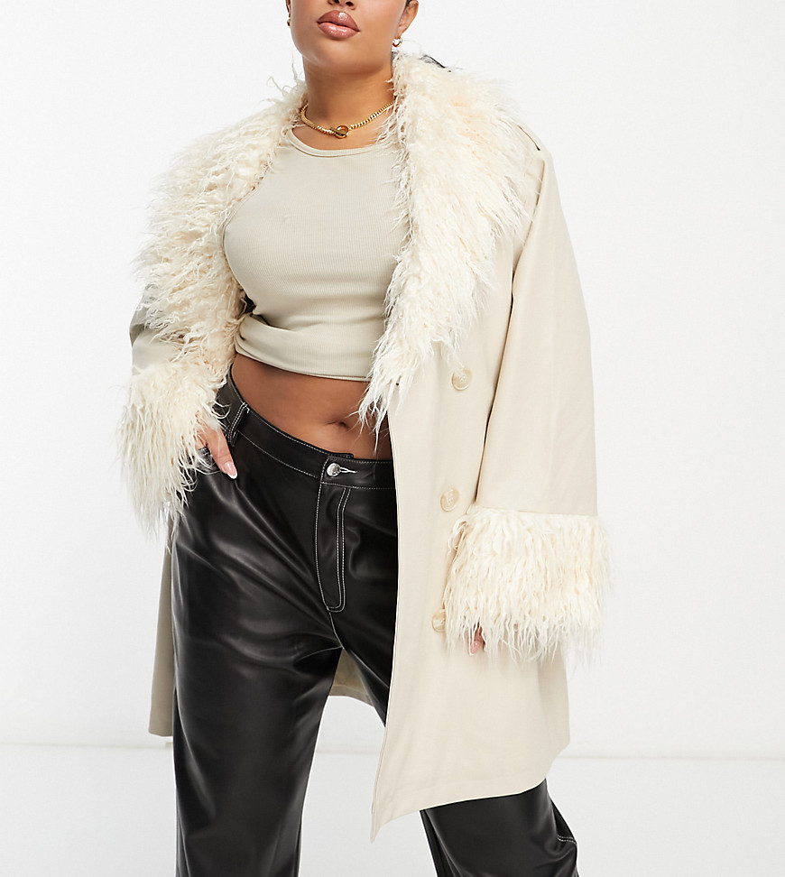 Urban Code Plus pu trench coat with faux shaggy fur collar in cream-White