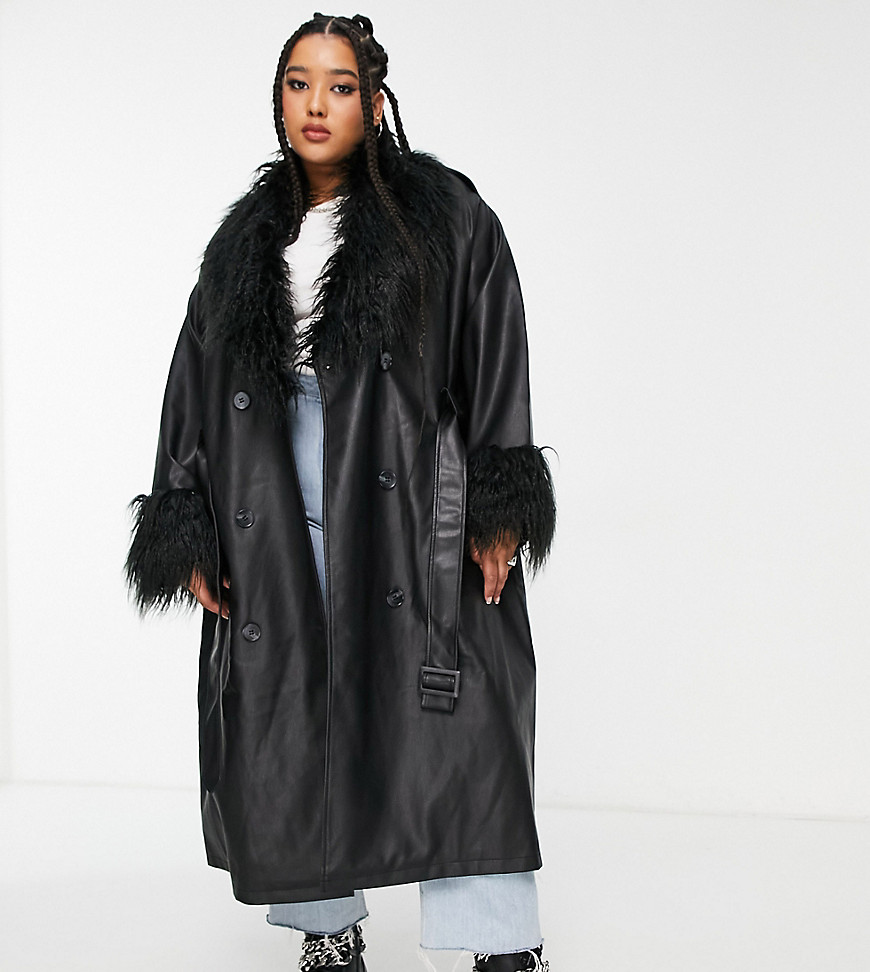 Urban Code Plus shaggy faux fur collar longline PU trench coat in black