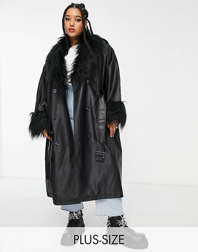 Urbancode Curve - Urban Code Plus shaggy faux fur collar longline PU trench coat in black
