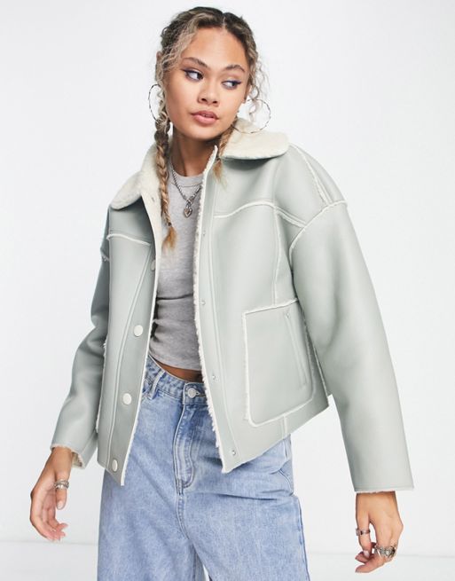 Urban Code pu avaitor jacket in sage green with contrast cream borg ...