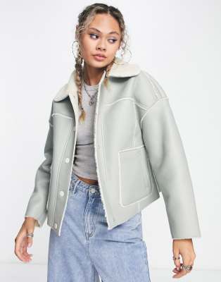 Urban Code pu aviator jacket in sage green with contrast cream borg trims