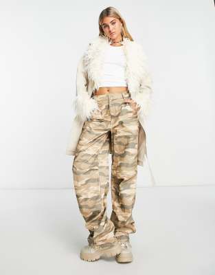 Urban Code PU trench coat with faux shaggy fur collar in cream-White