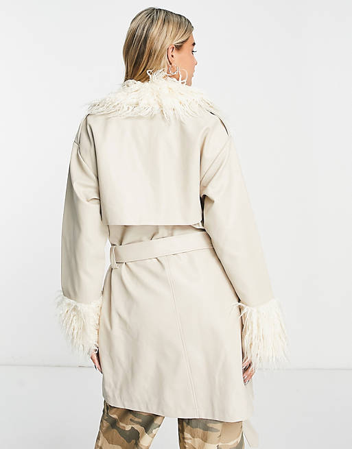 Urban Code pu trench coat with faux shaggy fur collar in cream