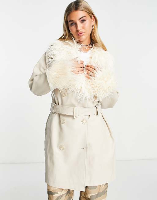 Urban Code pu trench coat with faux shaggy fur collar in cream | ASOS