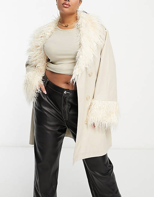 Urban Code PU trench coat with shaggy faux fur collar in cream