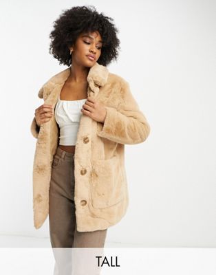 Urban Code Tall button down faux fur coat in beige - ASOS Price Checker