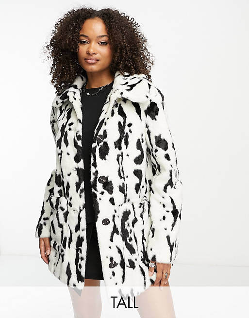 Urban Code Tall button down faux fur coat in dalmatian print