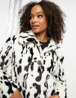 Urban Code Tall button down faux fur coat in dalmatian print ASOS
