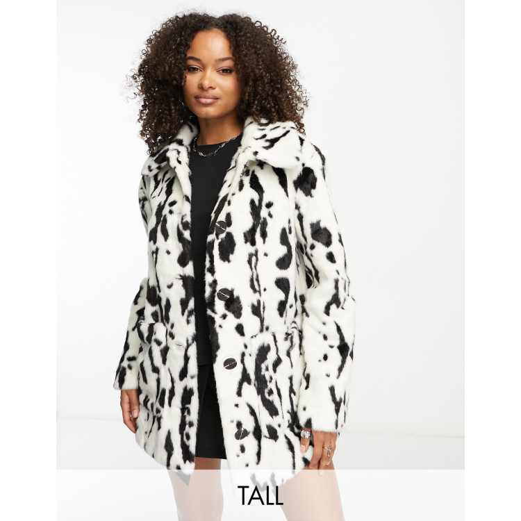 Urban Code Tall button down faux fur coat in dalmation print