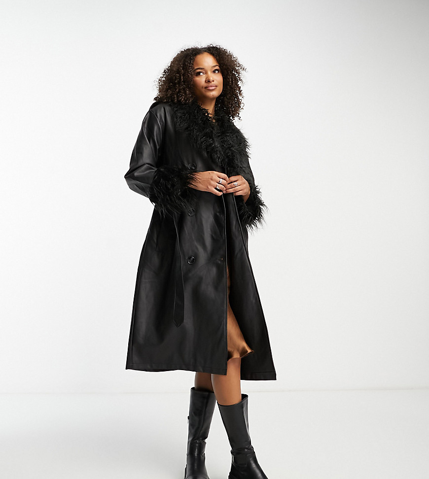 Urban Code Tall longline pu trench coat with faux shaggy fur collar in black