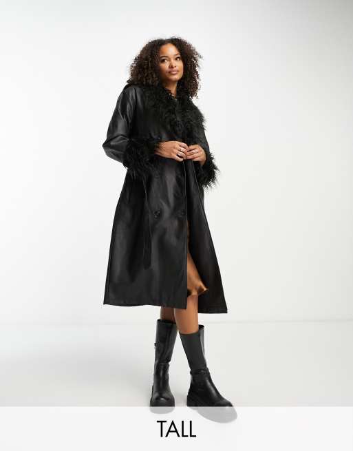 Urban Code Tall longline pu trench coat with faux shaggy fur collar in black