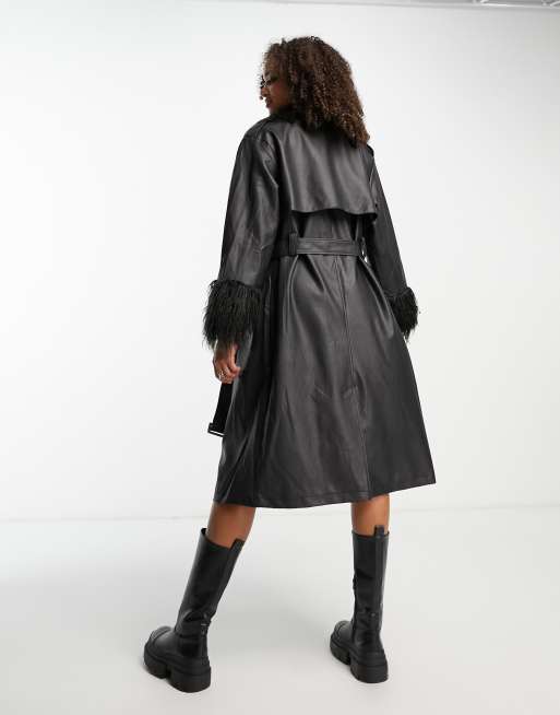 Urban Code Tall longline pu trench coat with faux shaggy fur