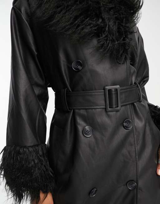 Urban Code Tall longline pu trench coat with faux shaggy fur