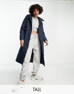 Urban Code Tall longline puffer coat with zigzag quilt in navy - ASOS Price Checker