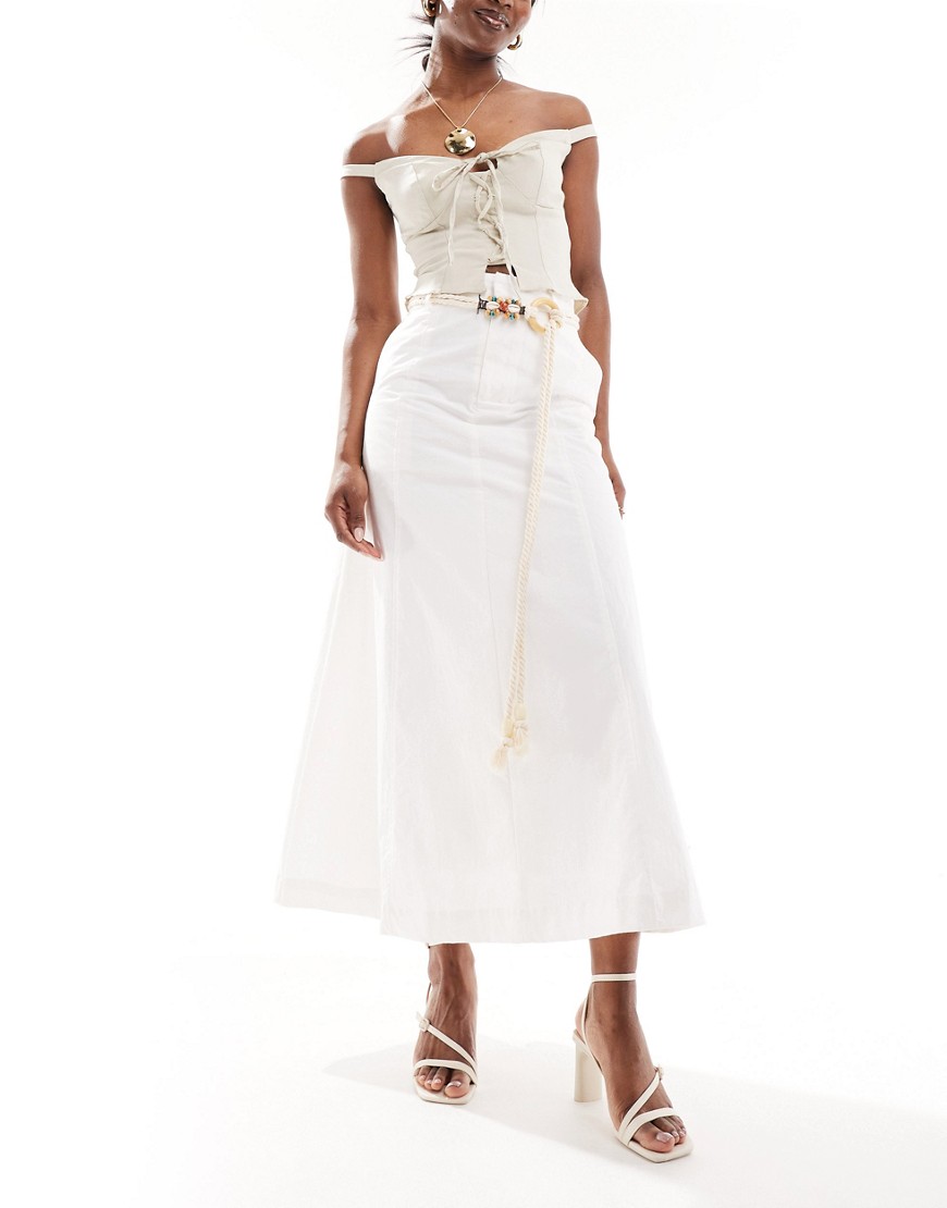 Urban Revivo a-line linen midaxi skirt with rope belt detail in white