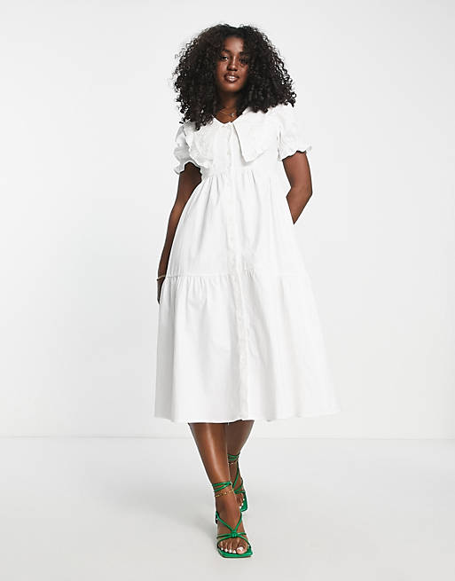 Urban Revivo - Aangerimpelde midi-jurk met kraag in wit 