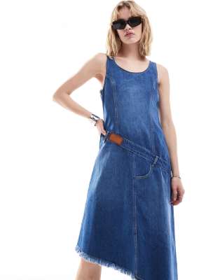 asymmetric denim shift dress in mid blue wash-Navy