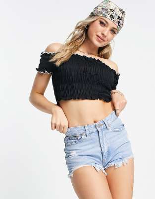 Urban Revivo bardot cropped shirred top in black