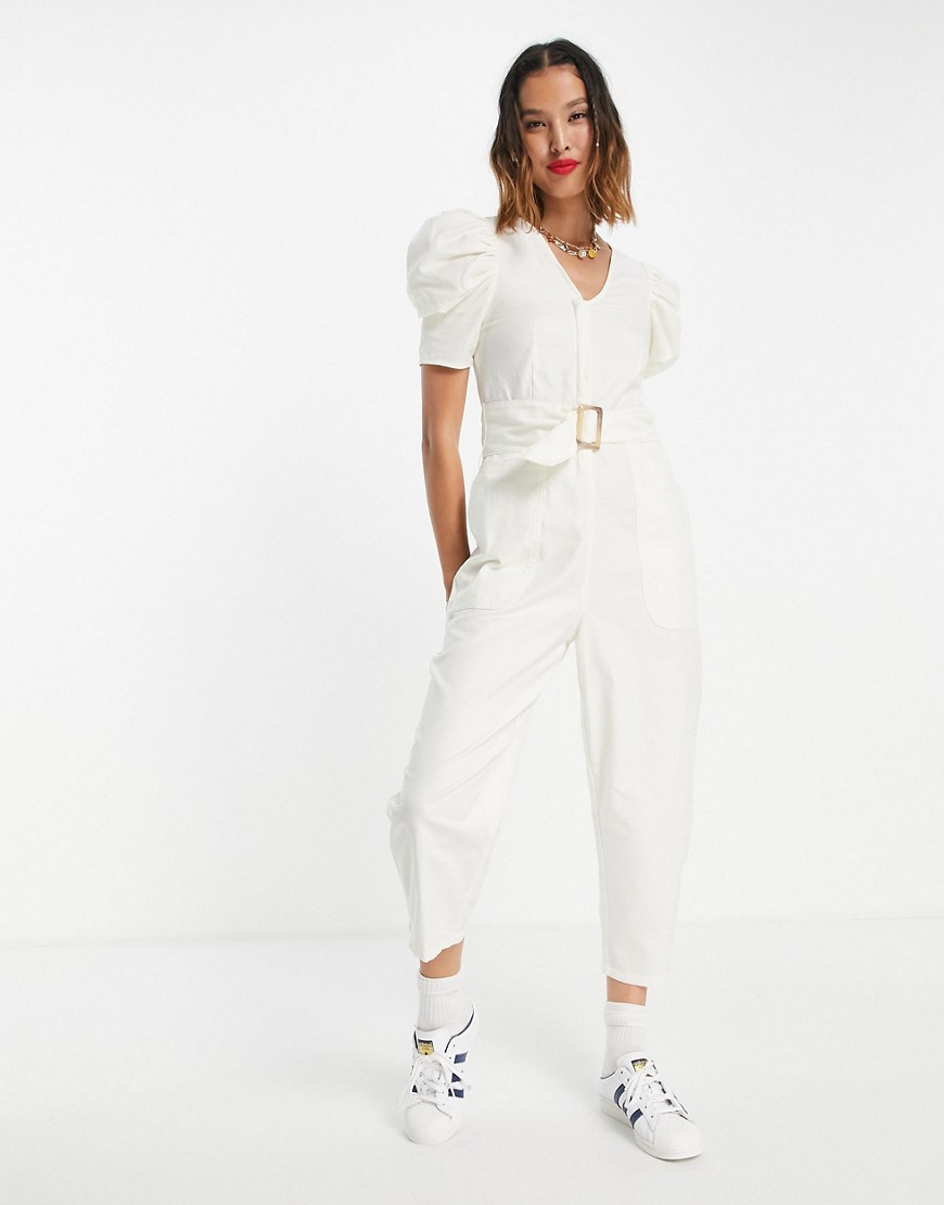 Urban Revivo belted puff sleeve jumpsuit in off white