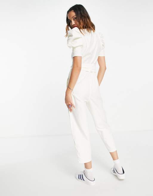 White puff store sleeve jumpsuit