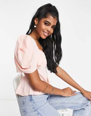 Urban Revivo - Bluse aus Netzstoff in Rosa mit Puffärmeln