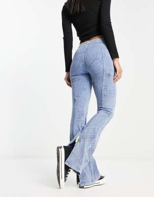 Urban Revivo Boot Cut Flare Denim Jeans With Graphic Detailing In Blue