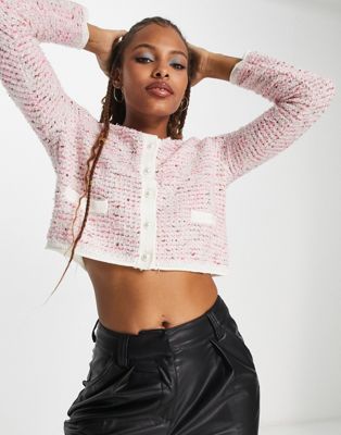 Urban Revivo boucle knit cardigan with pearl buttons in pink - ASOS Price Checker