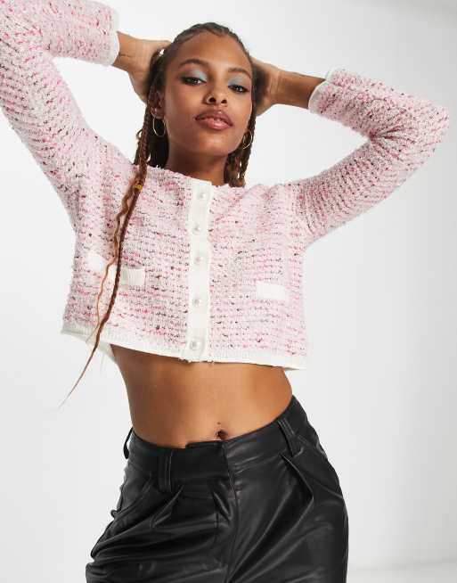 Urban Revivo boucle knit cardigan with pearl buttons in pink | ASOS