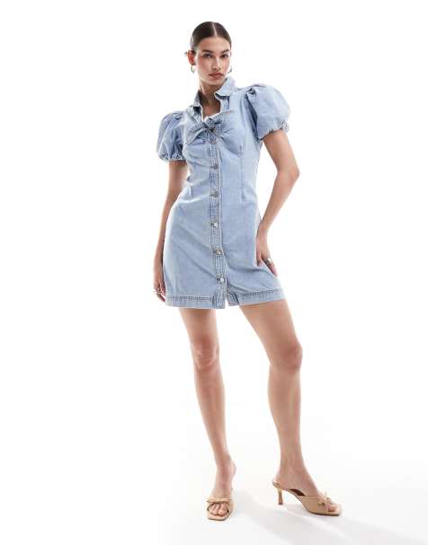 Urban Revivo bow detail mini denim dress in light blue wash - view 1