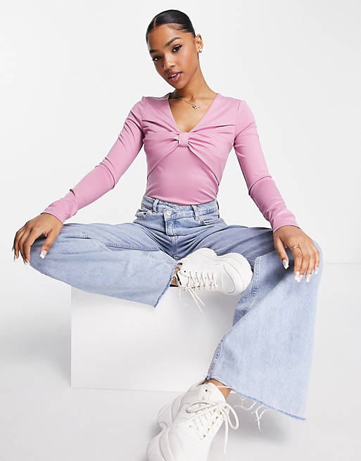 Urban Revivo bow front long sleeve top in pink