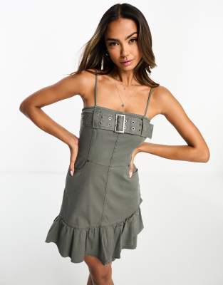 Urban Revivo Urban Revivo buckle detail mini dress in khaki-Grey