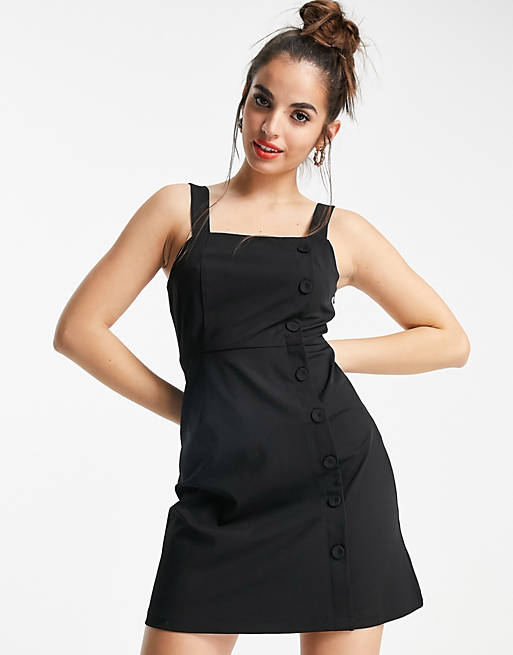 Women Urban Revivo button through pinafore dress in black 
